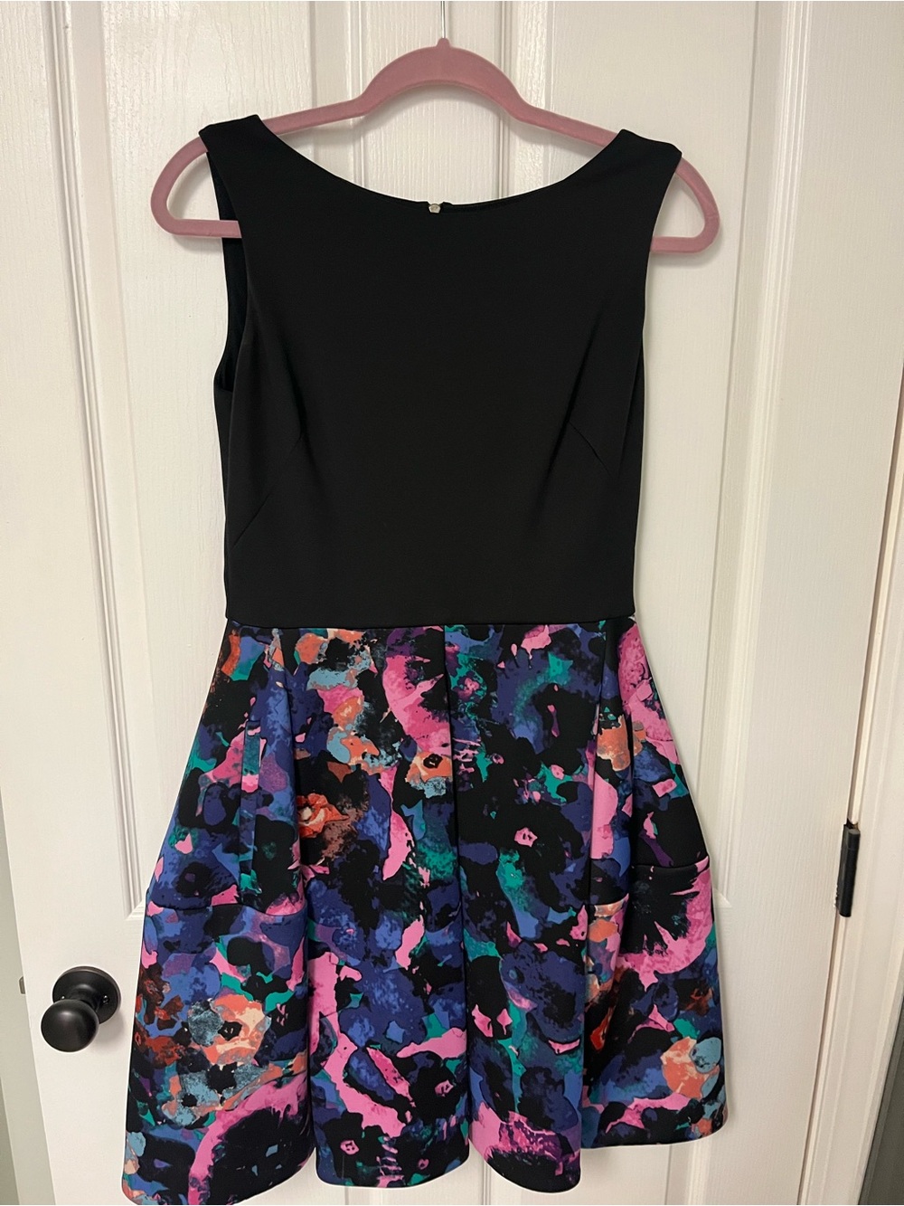 Black Fit-&-Flare Midi Dress with Multicolor Abstract Skirt